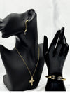 Gold cross pendant necklaceCrystal cuff braceletModern drop earringsElegant jewelry set for womenStatement jewelry collectionEthereal Elegance jewelry setLuxurious gold jewelry ensembleContemporary classic jewelry