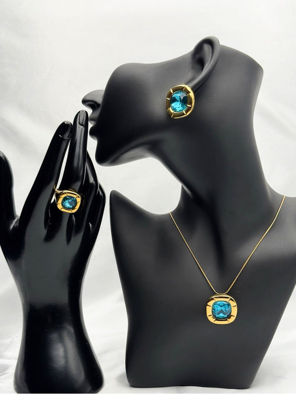 gold-tone blue gemstone jewelry setblue stone necklace earrings ring setelegant gold and blue jewelryluxury statement jewelry setmatching blue gemstone accessorieswomen’s formal jewelry setbold blue stone jewelry for womentrendy gold-tone gemstone setthree-piece jewelry set for womenvibrant blue stone necklace and earringselegant jewelry