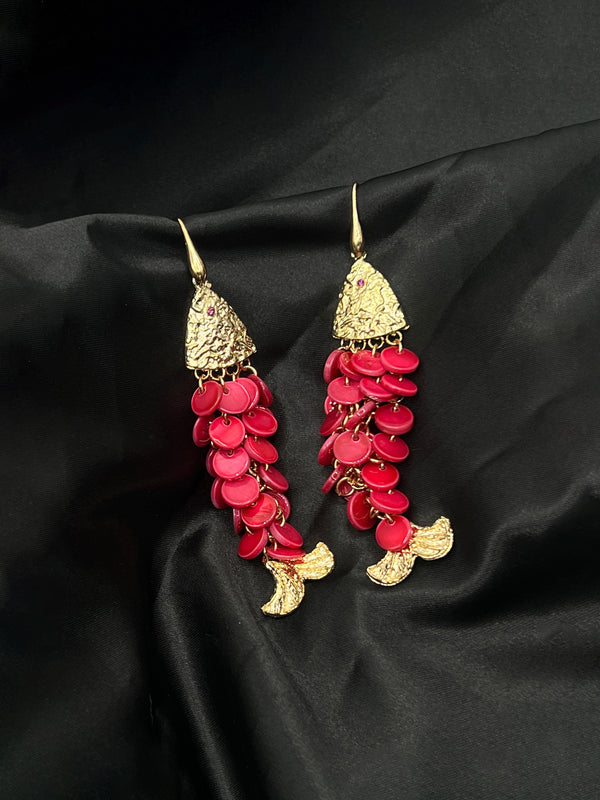 gold fish earrings, red scale earrings, whimsical jewelry, playful fish earrings, statement earrings with fish design, statement earrings