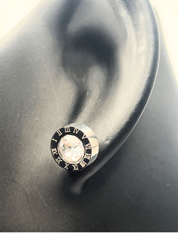 minimalist silver jewelry set, double-ring pendant necklace, Roman numeral bracelet, silver stud earrings, modern jewelry ensemble, sleek silver accessories