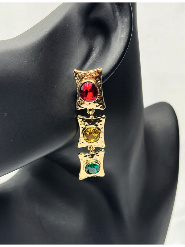 colorful gemstone earrings, gold statement earrings, vibrant gemstone jewelry, red green amber earrings, royal gemstone earrings, luxury festive earrings