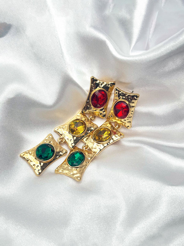 colorful gemstone earrings, gold statement earrings, vibrant gemstone jewelry, red green amber earrings, royal gemstone earrings, luxury festive earrings