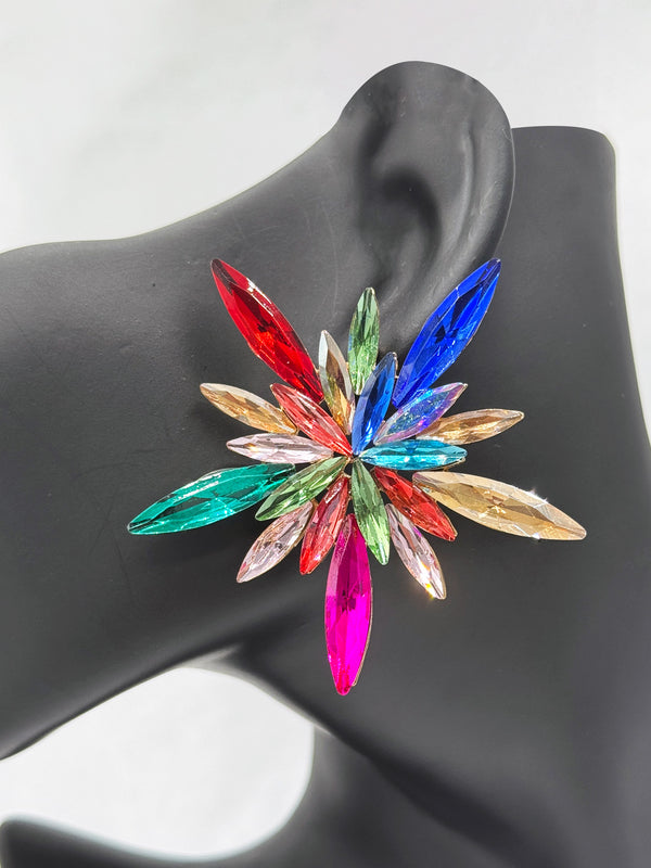 colorful starburst earrings, prism crystal earrings, multi-colored statement earrings, bold fashion jewelry, vibrant star earrings, artistic colorful earrings