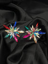 colorful starburst earrings, prism crystal earrings, multi-colored statement earrings, bold fashion jewelry, vibrant star earrings, artistic colorful earrings
