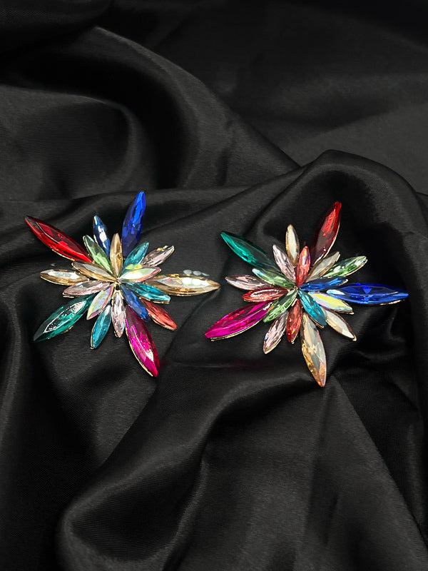 colorful starburst earrings, prism crystal earrings, multi-colored statement earrings, bold fashion jewelry, vibrant star earrings, artistic colorful earrings