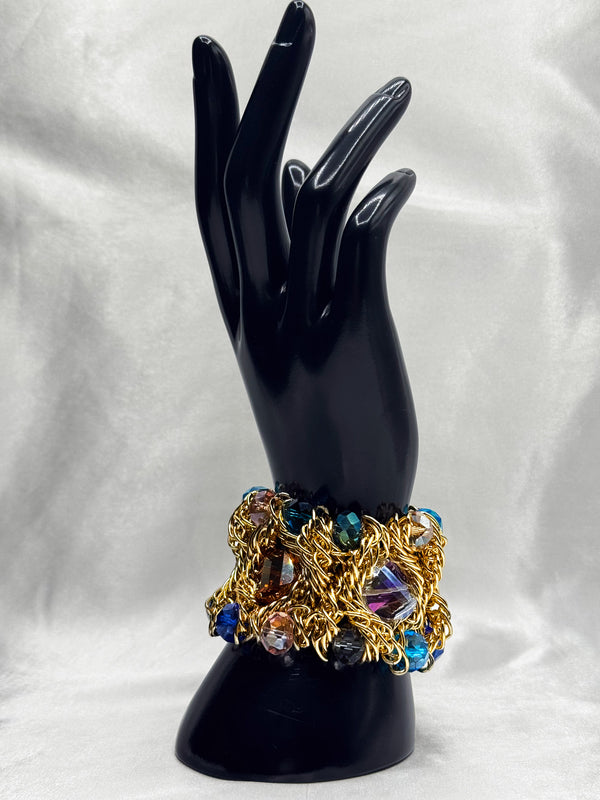 gold chain crystal bracelet, multicolor gemstone bracelet, bold statement jewelry, tropical inspired bracelet, colorful crystal and gold bracelet, luxury evening bracelet, unique statement jewelry