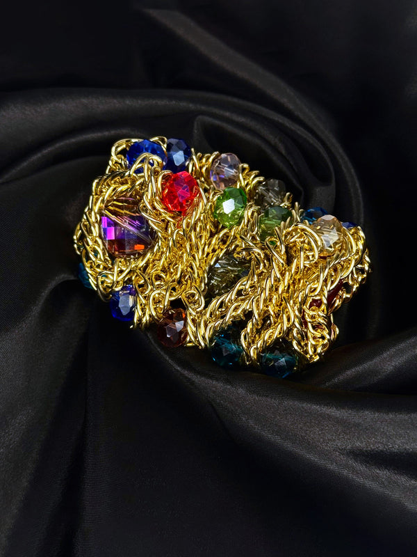 gold chain crystal bracelet, multicolor gemstone bracelet, bold statement jewelry, tropical inspired bracelet, colorful crystal and gold bracelet, luxury evening bracelet, unique statement jewelry