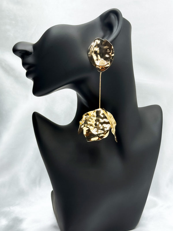 Statement asymmetrical gold earringsOrganic textured drop earringsHammered metal earringsLong artistic gold earringsBold statement earringsModern gold dangle earringsUnique asymmetrical jewelry