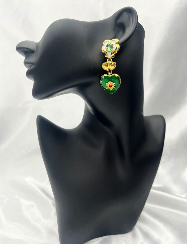 Eternal Bloom Heart EarringsGreen heart earringsVintage floral earringsGold heart pendant earringsIntricate statement earringsPearl accent heart earringsRomantic jewelry pieceGreen gemstone floral earrings