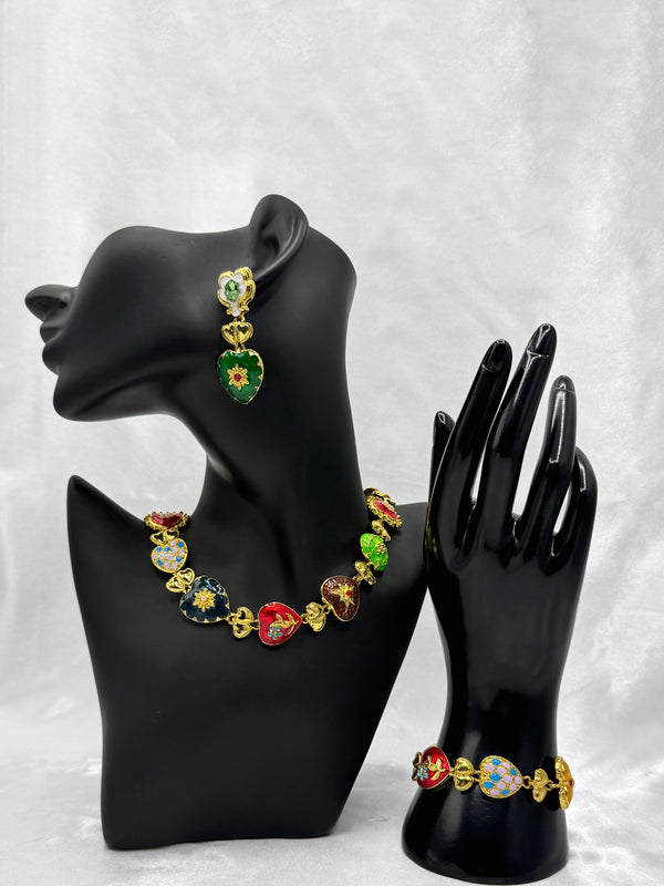 Eternal Bloom Heart EarringsGreen heart earringsVintage floral earringsGold heart pendant earringsIntricate statement earringsPearl accent heart earringsRomantic jewelry pieceGreen gemstone floral earrings