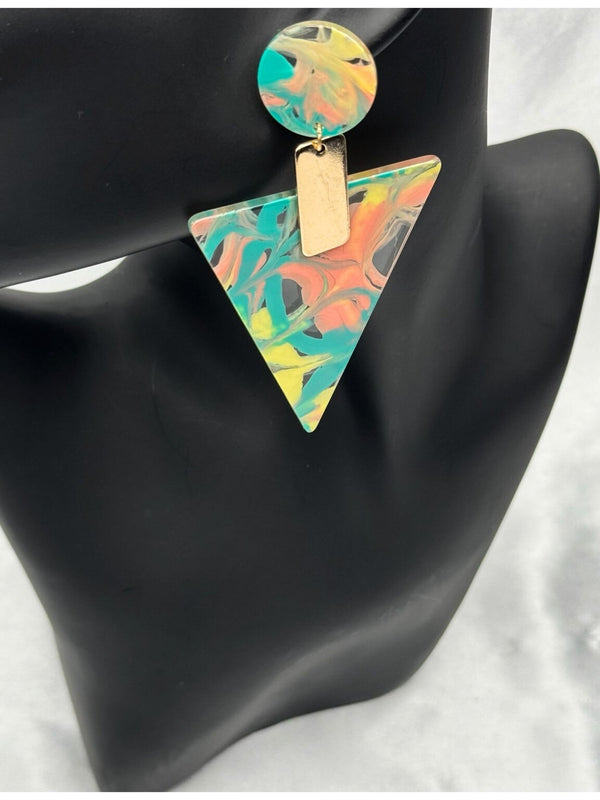 colorful triangle earrings, tropical statement earrings, bold marbled earrings, geometric summer jewelry, vibrant statement earrings, vacation accessories