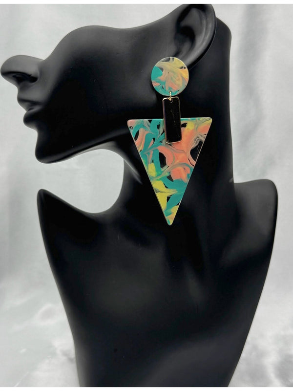colorful triangle earrings, tropical statement earrings, bold marbled earrings, geometric summer jewelry, vibrant statement earrings, vacation accessories