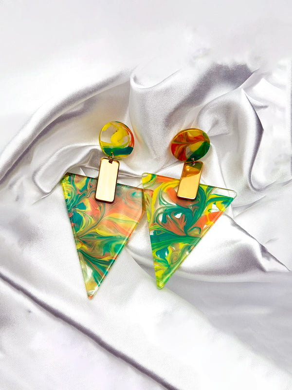 colorful triangle earrings, tropical statement earrings, bold marbled earrings, geometric summer jewelry, vibrant statement earrings, vacation accessories