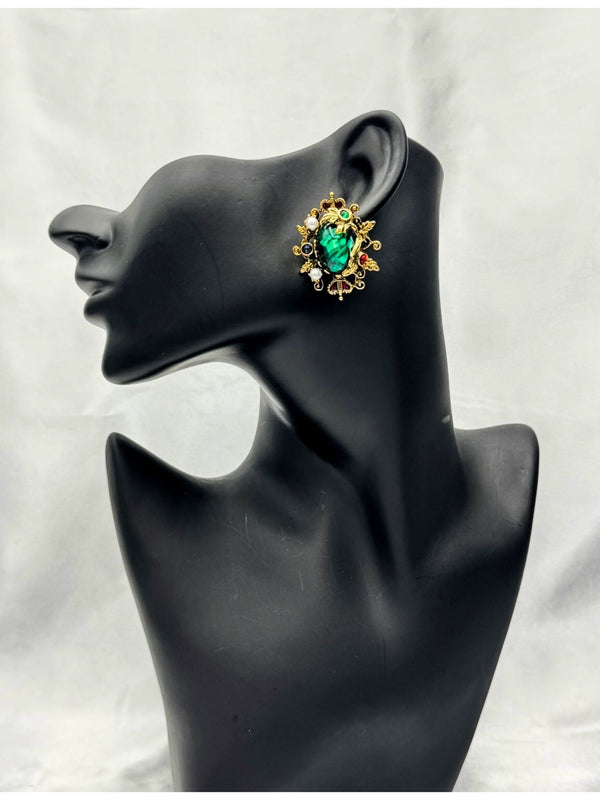 statement earringsclassy Royal green stone earringsLuxury statement earringsElegant vintage jewelryGold and green gemstone earringsClassic pearl accent earringsRegal-inspired earrings for womenVintage Queen jewelry