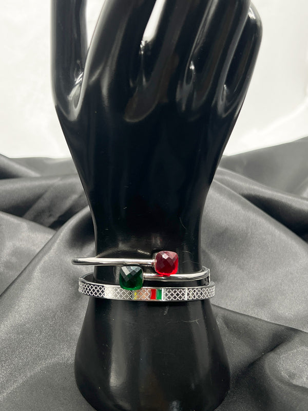 Caribbean bangles, silver bangle with red and green gemstones, colorful Caribbean bracelet, island-inspired jewelry, silver bangle set, vibrant gemstone bangle, Caribbean jewelry style