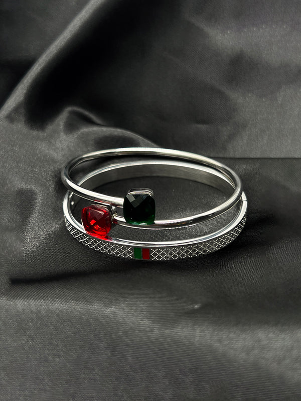 Caribbean bangles, silver bangle with red and green gemstones, colorful Caribbean bracelet, island-inspired jewelry, silver bangle set, vibrant gemstone bangle, Caribbean jewelry style