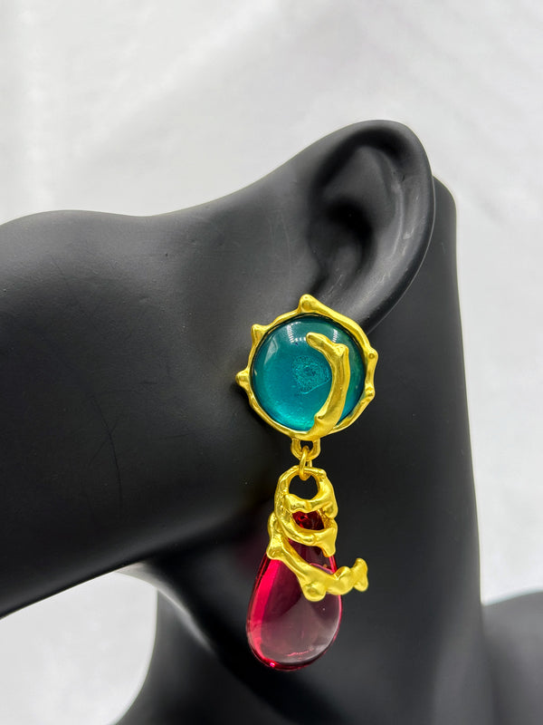 reen and red teardrop earrings, aqua gold statement jewelry, ocean-inspired earrings, bold color earrings, unique gemstone drop earrings
