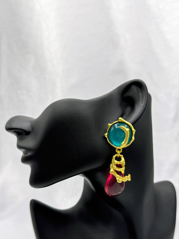green and red teardrop earrings, aqua gold statement jewelry, ocean-inspired earrings, bold color earrings, unique gemstone drop earrings