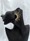  celestial half-moon earrings, black and gold statement earrings, sunburst moon earrings, cosmic jewelry, celestial glow earrings, moon phase earrings