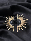  celestial half-moon earrings, black and gold statement earrings, sunburst moon earrings, cosmic jewelry, celestial glow earrings, moon phase earrings