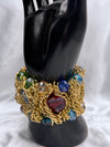 gold chain crystal bracelet, multicolor gemstone bracelet, bold statement jewelry, tropical inspired bracelet, colorful crystal and gold bracelet, luxury evening bracelet, unique statement jewelry